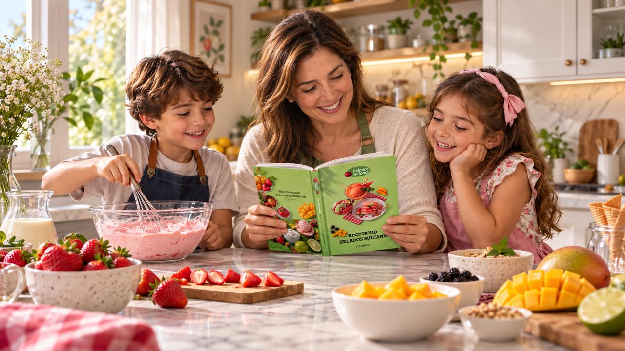 Familia preparando postres con el Recetario Helados Sultana